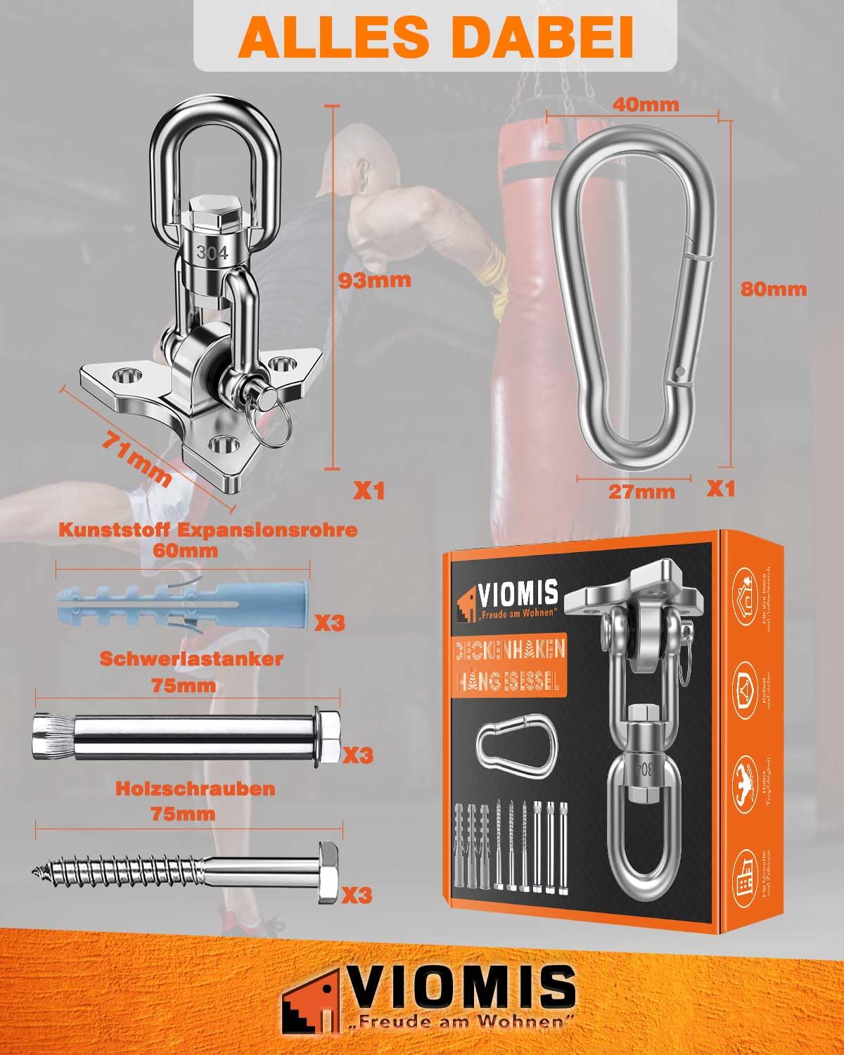 Gancio da soffitto in acciaio inox girevole a 360° – universale per altalene, amache e sacchi da boxe, capacità di carico 450 kg, per interni ed esterni