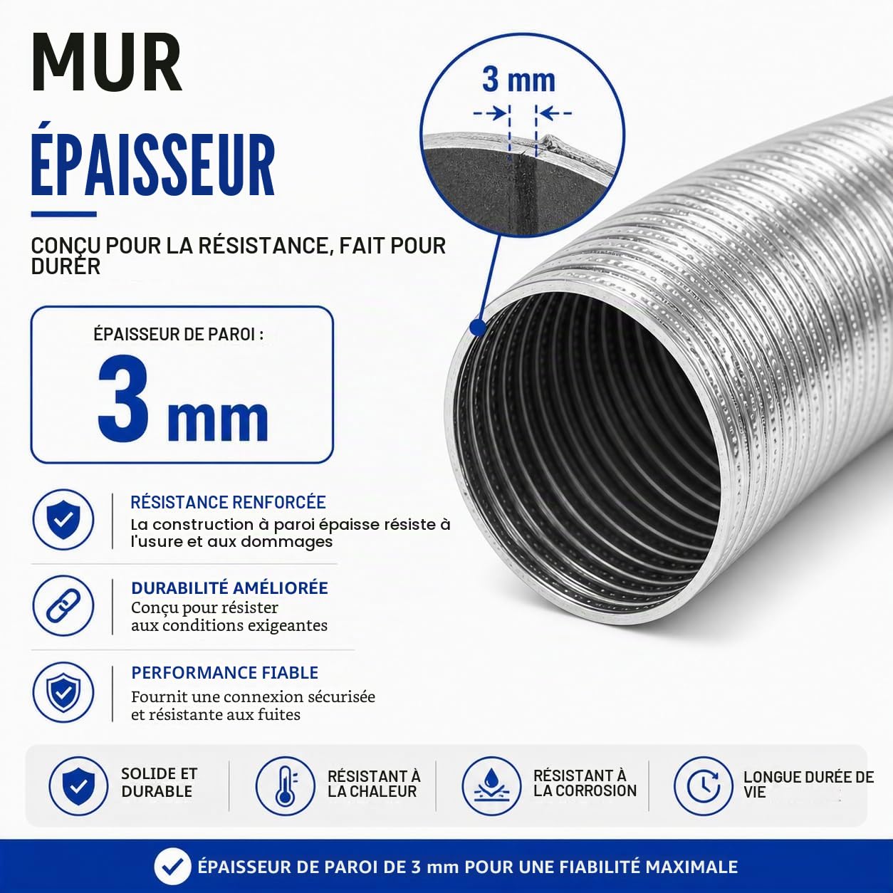 Conduit de ventilation en aluminium semi-rigide flexible de 150 mm (6") pour ventilateurs, hottes de cuisinière et ventilation - Longueur de 4 mètres
