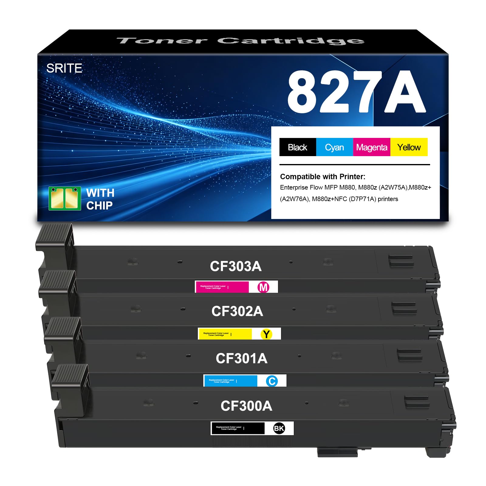 M880 827A Toner Cartridge Compatible CF300A CF301A CF302A CF303A Toner | Replacement for Color Laserjet Enterprise Flow MFP M880 M880Z M880z+ NFC Printer(4-Pack,Black Cyan Magenta Yellow)