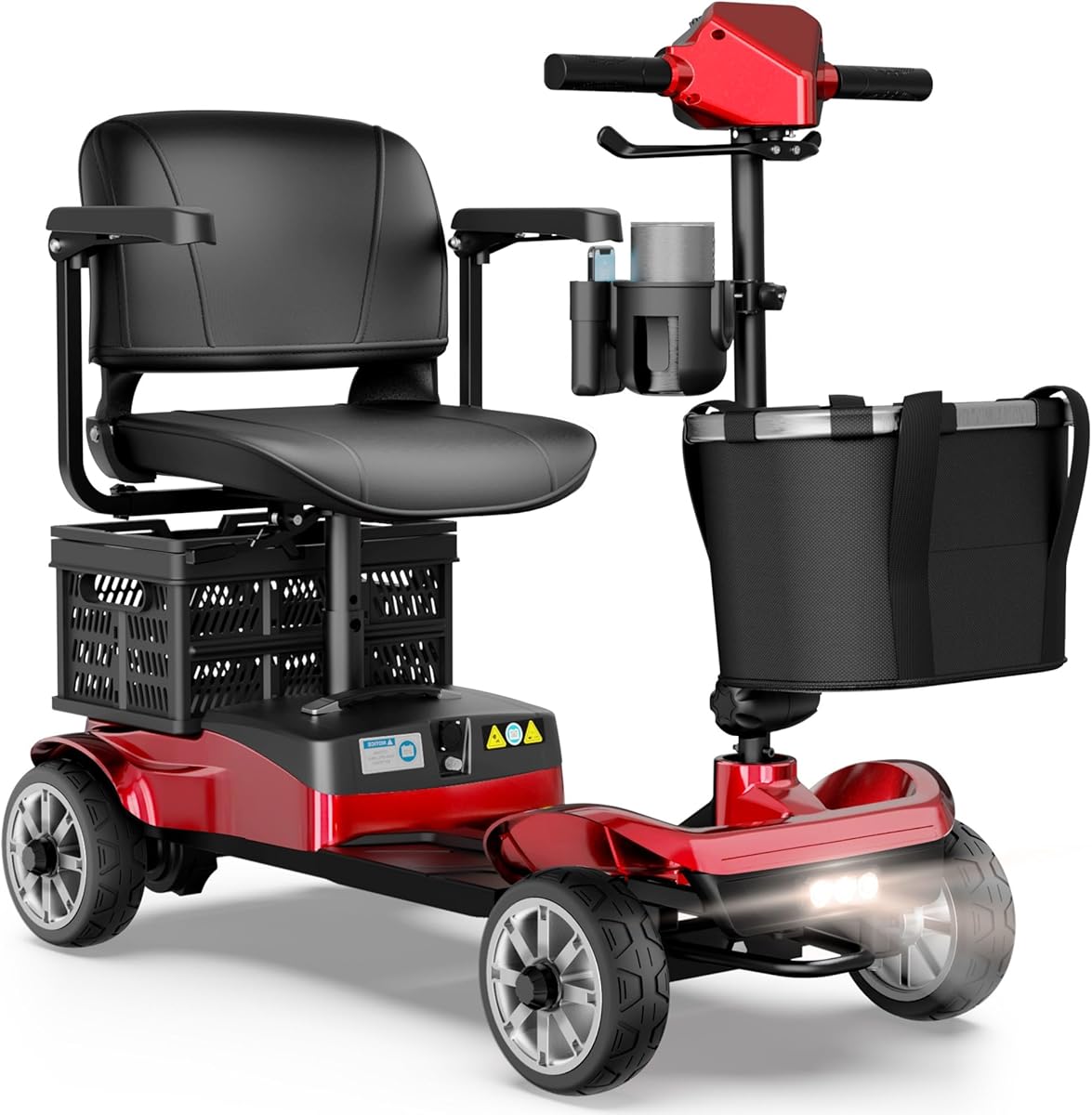 Foldable 4-Wheel Mobility Scooter for Adults – Portable Motorized Scooter with 330 lbs Capacity, Detachable Battery, Dual Baskets, Cup & Phone Holder, Red