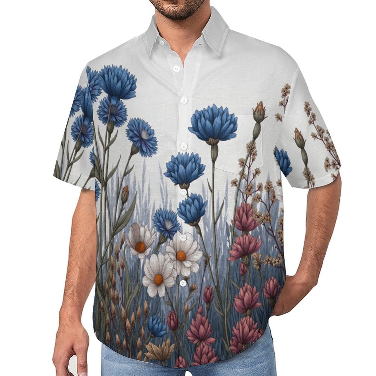 Camicia Casual da Uomo, Piante Fiori Selvatici Stampa Maglietta Estiva a Maniche Corte Stile Fiori Arte Casual Button Down Hawaiani Camicie Risvolto Spiaggia Top