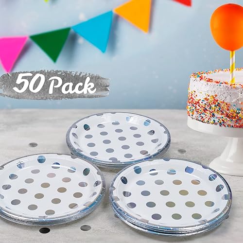Miniatura 6 de Platos de papel de fiesta paquete de 50 platos desechables borde de lámina plateada y lunares 9 pulgadas