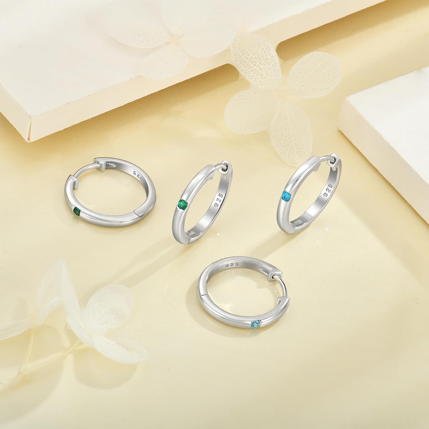 Hoop Earrings for Women 925 Sterling Silver Solitaire Huggie Earrings Polished Birthstone Jewelry for Women