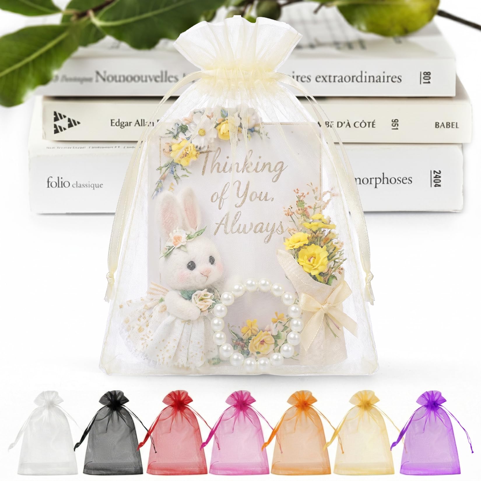 ANZNKU 50 PCS Organza Bags 5 x 7, Ivory Small Mesh Gift Bags Drawstring