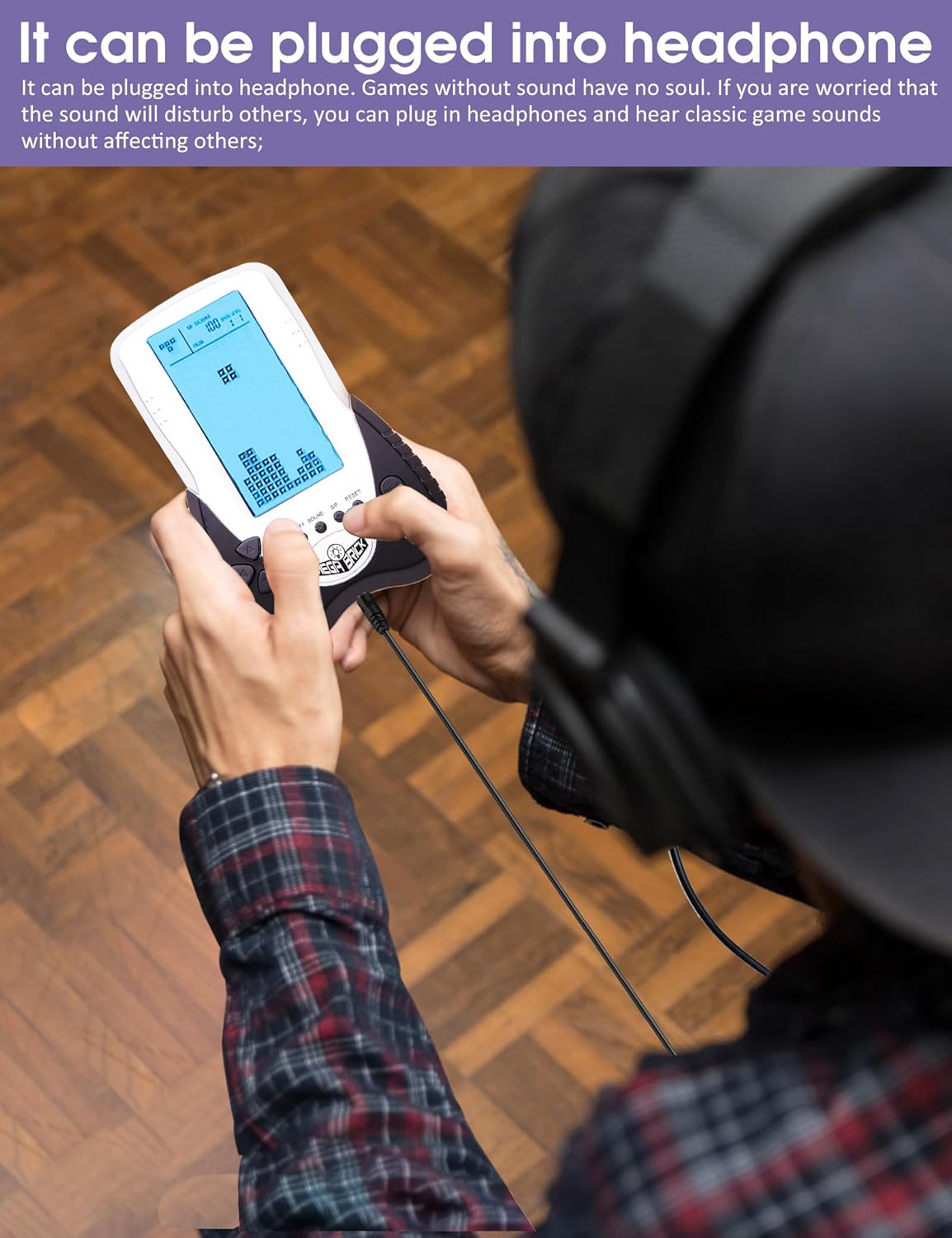 HLF New Retro Block Brick Game Console Large Screen Blue Backlight Brightness can be Adjusted Build in 23 Game Compatible with Lithium Battery/AAA Batteries can Plug in Headphone (Black)