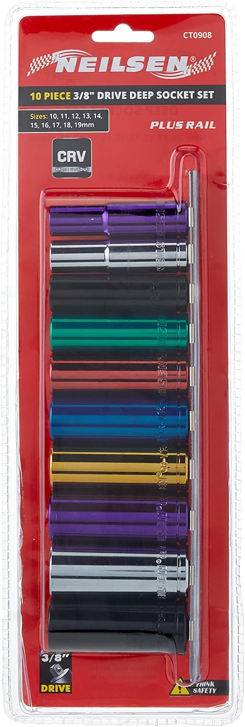 neilsen CT0908 3/8-Inch Long Socket Set with Drive Plus Wall Rail, Multi-Colour