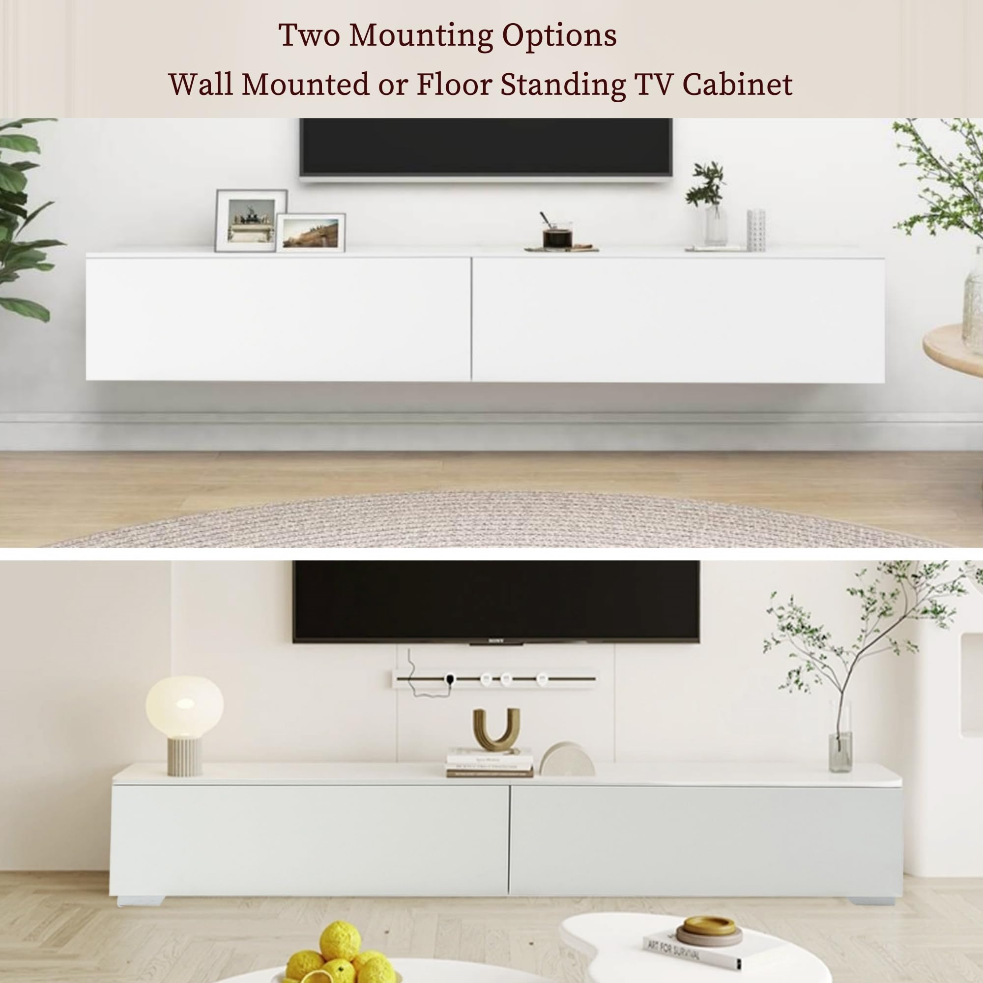 Meuble TV Blanc 180 cm avec éclairage LED, Meuble TV Suspendu ou sur Pied en Bois avec 2 Compartiments de Rangement Support Télévision Mural Moderne pour Salon Chambre