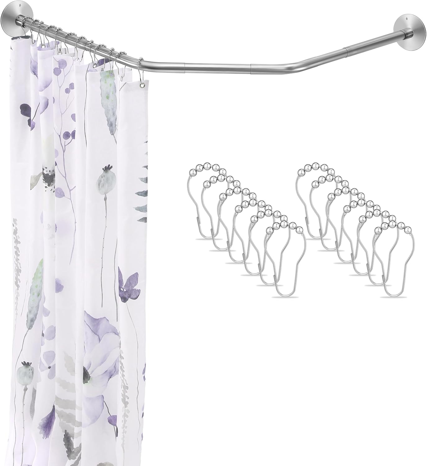 Adjustable White Corner Shower Curtain Rod with 12 Hooks, 31-41 Inch Diamond Shaped Shower Curtain Rod, Curved Rustproof 304 Stainless Steel Shower Rod for Bathroom Bathtub Drill and No Drill