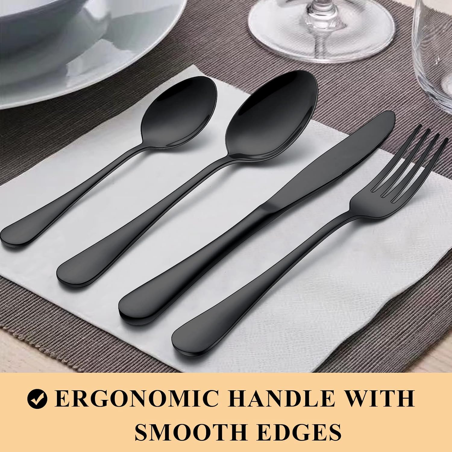 Wildone 20-Piece Black Silverware Set, Stainless Steel Flatware Cutlery Set Service for 4, Tableware Eating Utensils Include Knives/Forks/Spoons, Mirror Polished, Dishwasher Safe