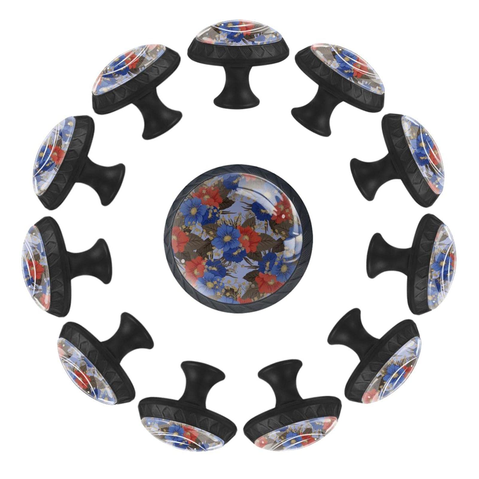 Boutons de tiroir ronds motif floral bleu rouge pour poignée usée