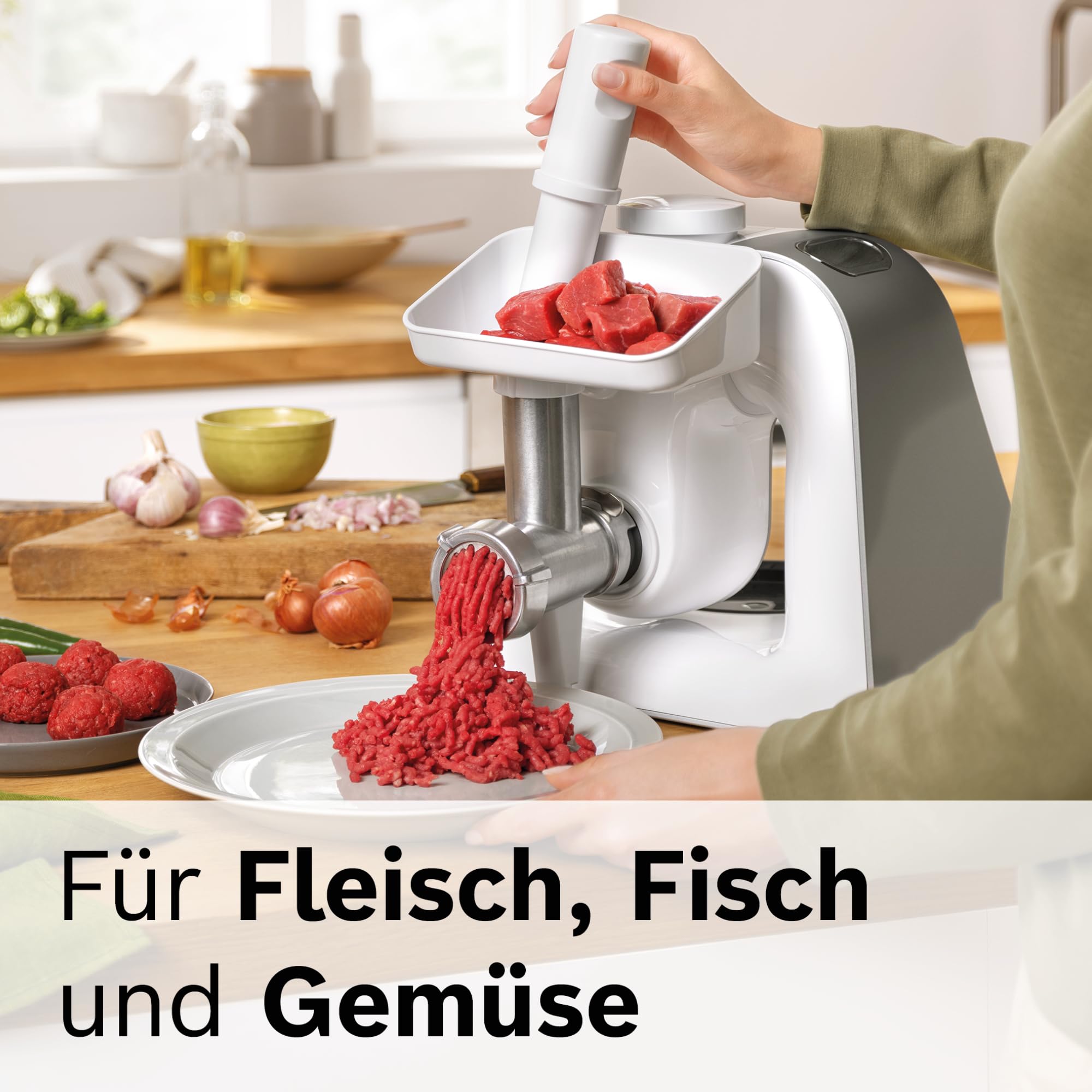 Bosch Zubehör-Set BakingSensation MUZ5BS1, Fleischwolf, Kunststoffschüssel, Spritzgebäck-Vorsatz, Loch-Scheibe, passend für Küchenmaschine Serie 4, vier Keks Formen, spülmaschinenfest, Edelstahl