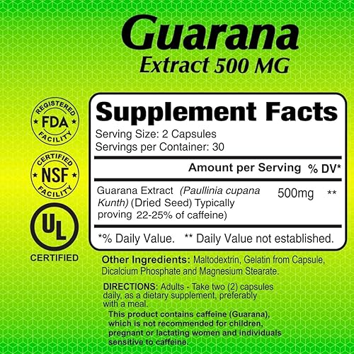 Miniatura 5 de ALFA VITAMINS Suplemento energizante de cafeína herbaria natural Guaraná 500 mg - 60 cápsulas