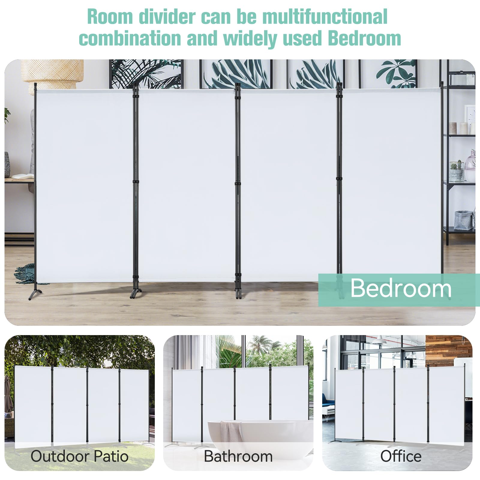 Angel Living Biombo Divisor de Ambientes de 4 Paneles, Biombo Protector, Biombo Plegable, Separadores de Ambientes para Sala de Estar, Jardín, Exterior Natural 324 x 180 cm (Blanco)