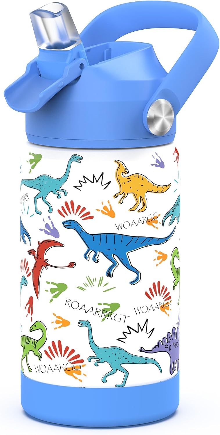 Botella De Agua Potable Botella De Agua Térmica De Pajita De Acero Inoxidable Botella Térmica De 350 Ml Sin Bpa A Prueba De Fugas, Adecuada Para Escuelas, Deportes, Niños （Azul dinosaurio）