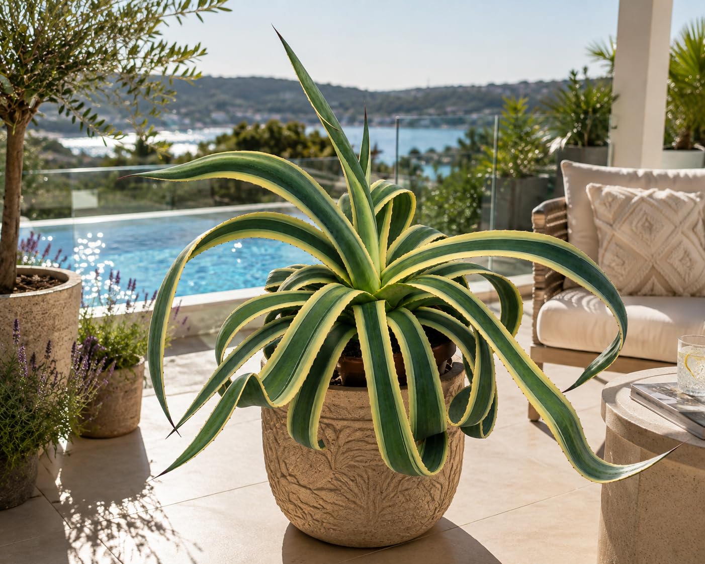 Agave americana Variegata 50–60 cm – Buntblättrige Amerikanische Agave – robuste Sukkulente, dekorative Kübelpflanze für Garten, Terrasse, Balkon & Wintergarten