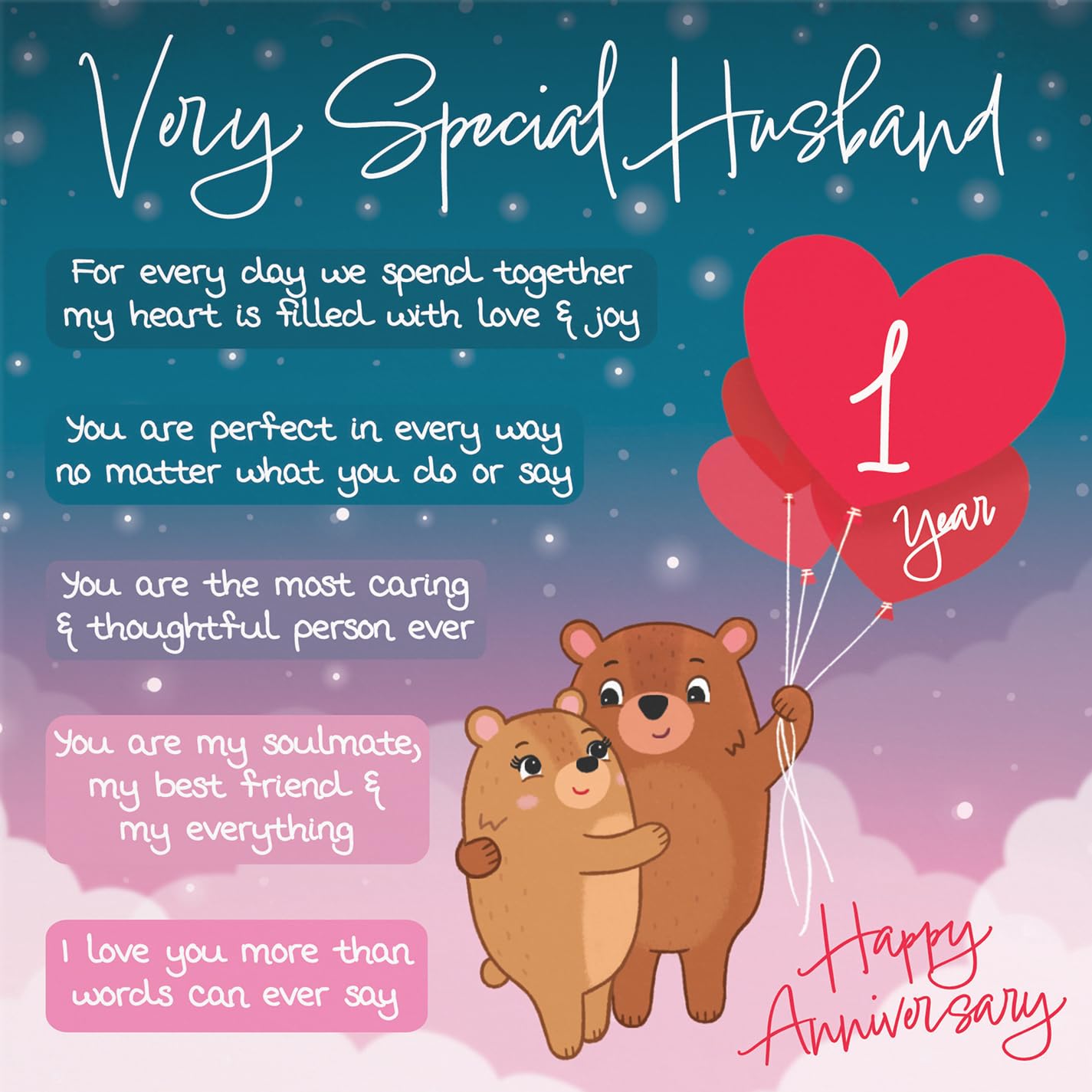 Hunts England - Starry Night 1st Anniversary Card for Husband - Cute Bears & Poem, 1st Husband, Standard (148 x 148 mm) - Image 2