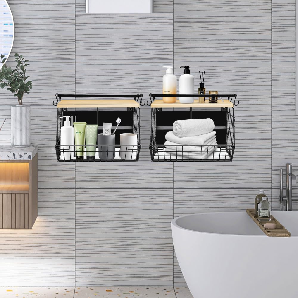 LANTUS - Cesta de frutas colgante, cesta de frutas de pared, cesta de frutas de pared, para cocina, con tapa de madera, para almacenamiento de frutas y verduras, 35 x 17 x 29,5 cm (dos) negro