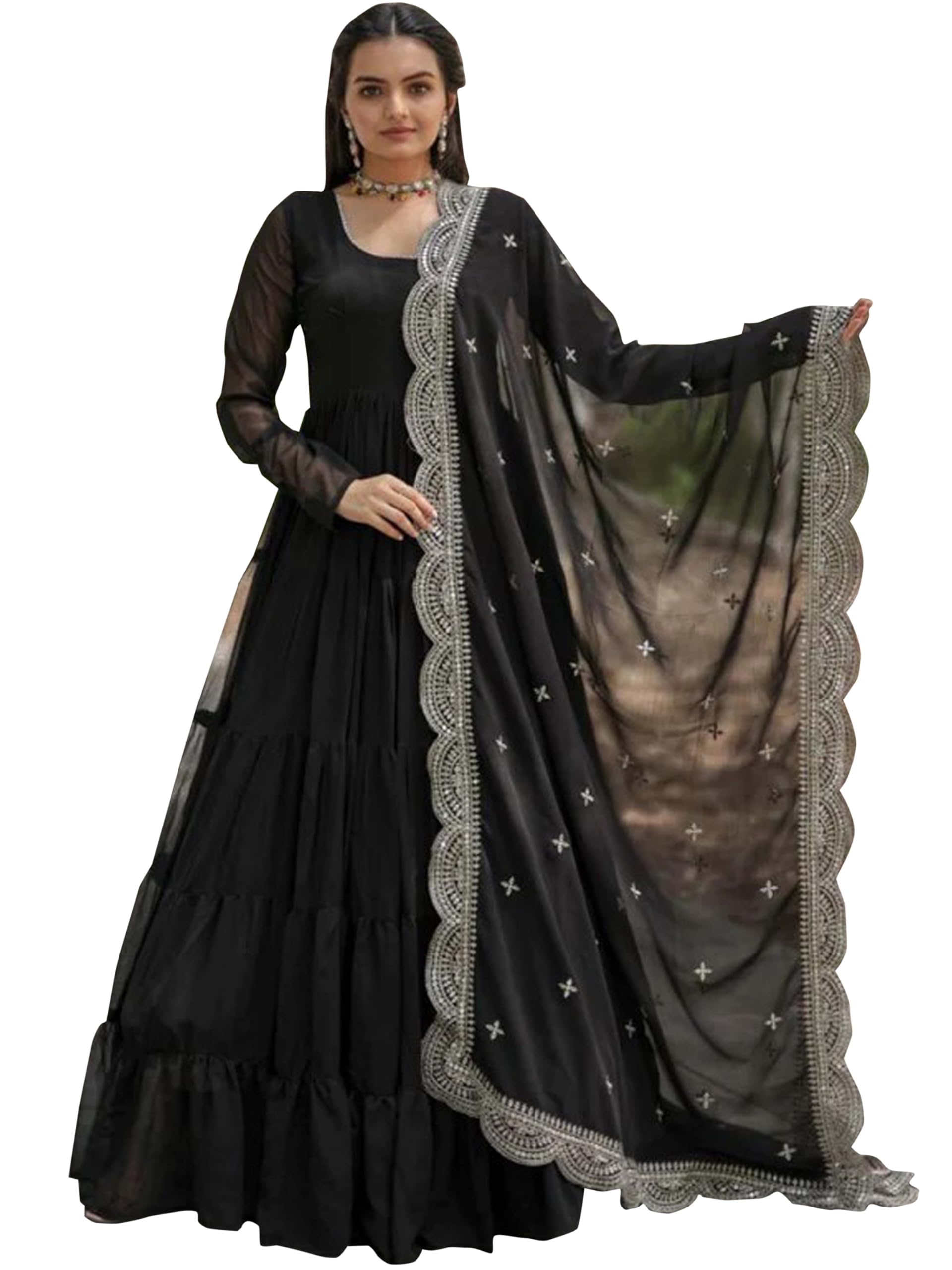 Fashion Basket Women's Georgette Solid Anarkali Dress Black