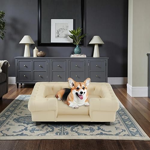 Miniatura 2 de MCombo Sofá de piel sintética para perros, cama para mascotas para perros medianos, sofá para mascotas con escaleras pequeñas, 6321 (blanco crema)