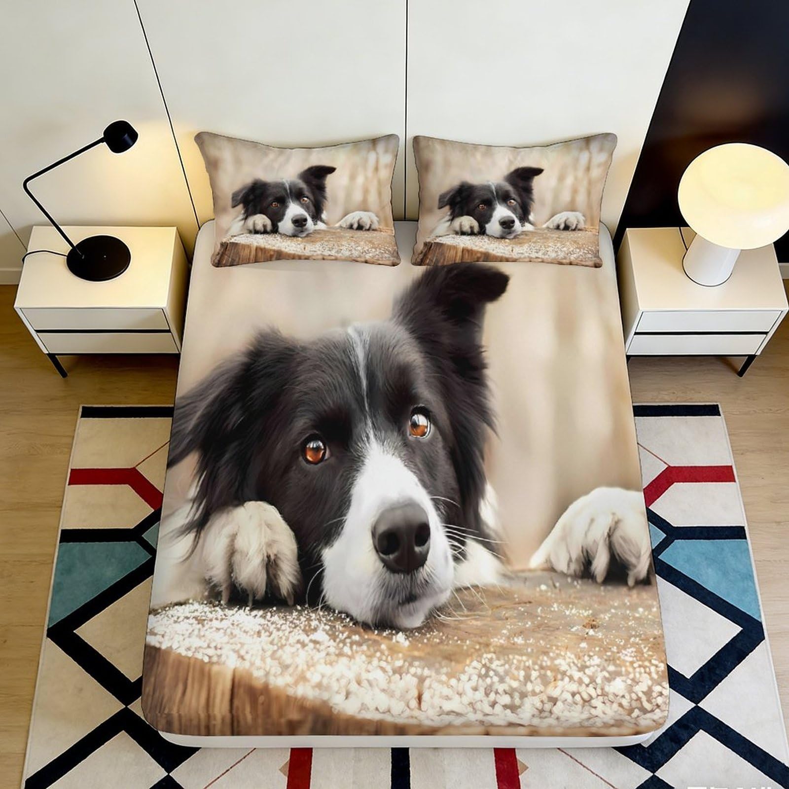 3D Printed Border Collie Fitted Sheet Microfiber Soft Animal Dog Bed Sheet for Bedroom Guest Room Dorm Decor Protector 90x200x25cm