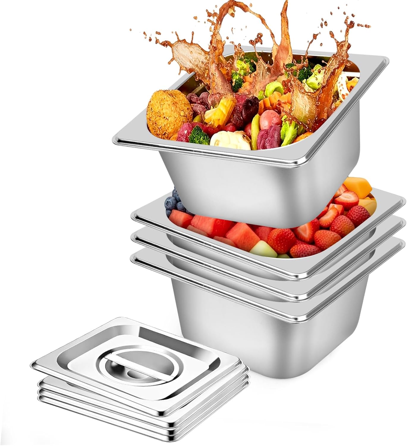 4 Pack Steam Table Hotel Pans, 1/6 Size 4 Inch Deep Stainless Steel Metal Tray Sets, Food Storage Container for Restaurant Chafing Dishes Commercial Buffet Warmer Catering Storage