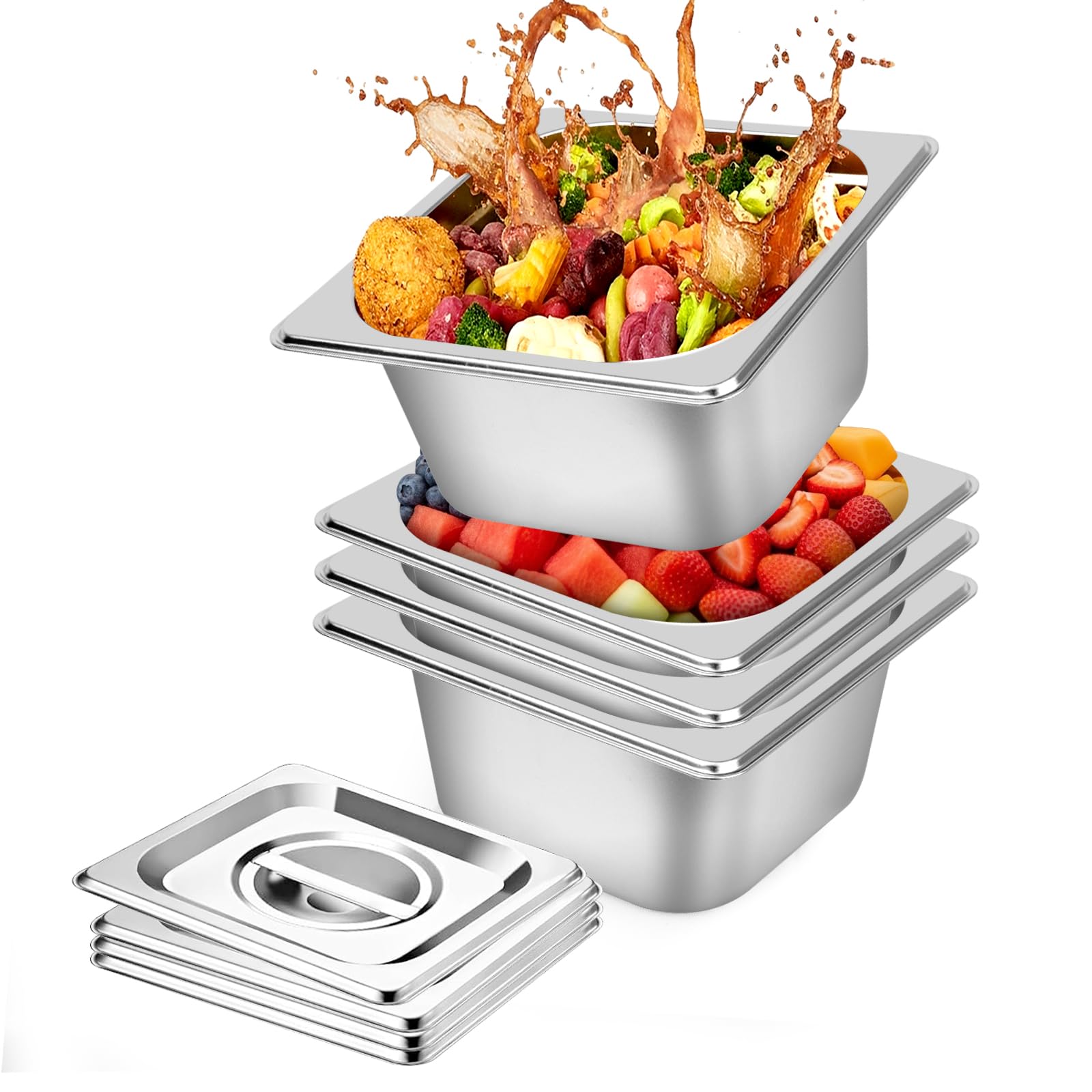 4 Pack Steam Table Hotel Pans, 1/6 Size 4 Inch Deep Stainless Steel Metal Tray Sets, Food Storage Container for Restaurant Chafing Dishes Commercial Buffet Warmer Catering Storage