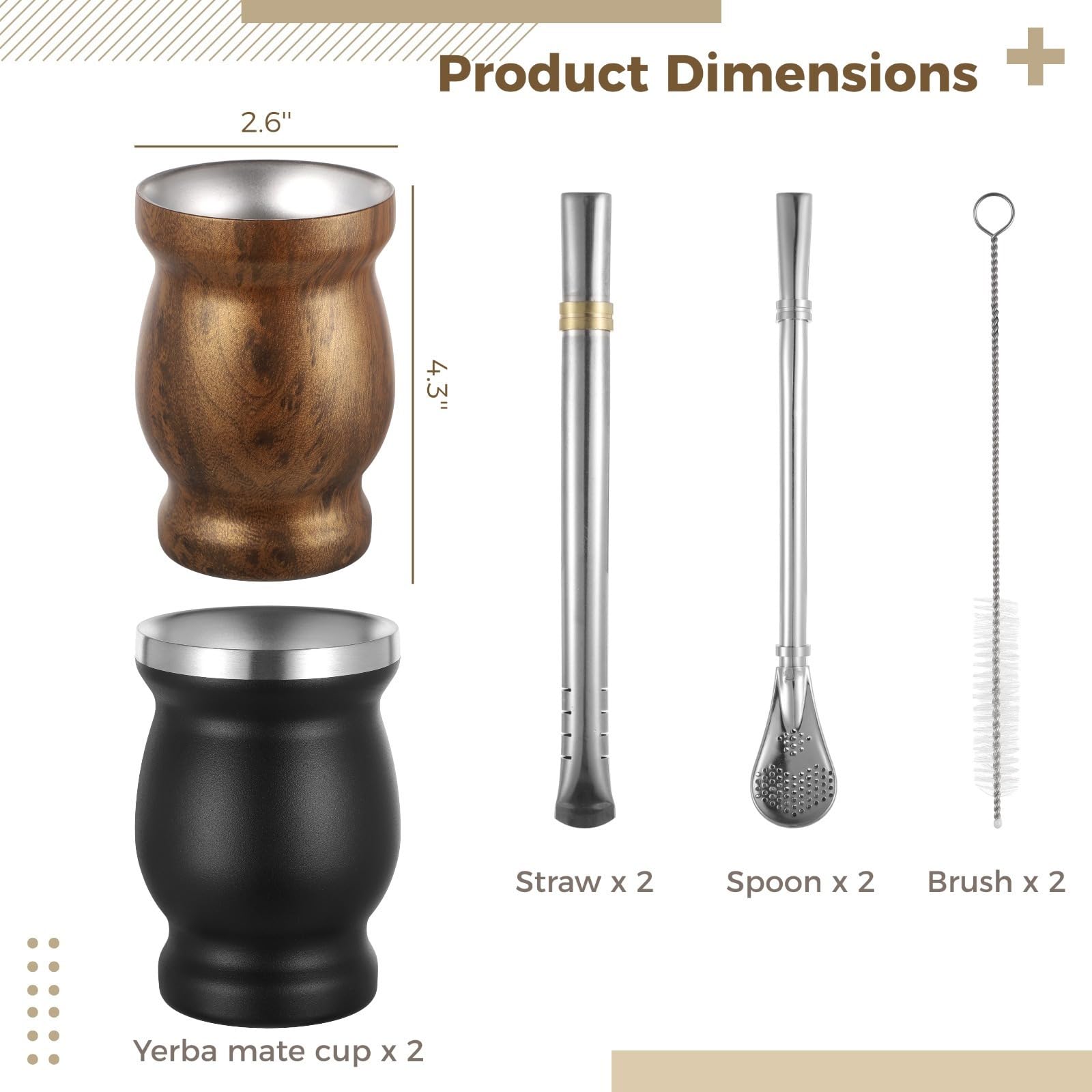 Yerba Mate zestaw 2 filiżanek ze stali nierdzewnej, 230 ml, podwójne ścianki, z łyżką, słomką i szczotką, łatwe w utrzymaniu i czyszczeniu
