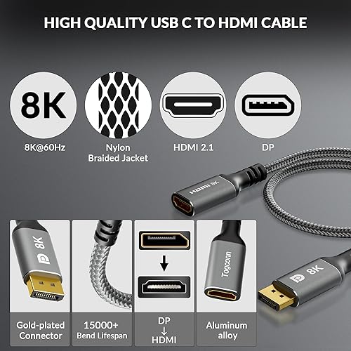 Miniatura 3 de Adaptador DisplayPort a HDMI de 8K, unidireccional DP 1.4 macho (fuente) a HDMI 2.1 hembra (pantalla), conector DP macho a HDMI 8K a 60Hz, 4K a