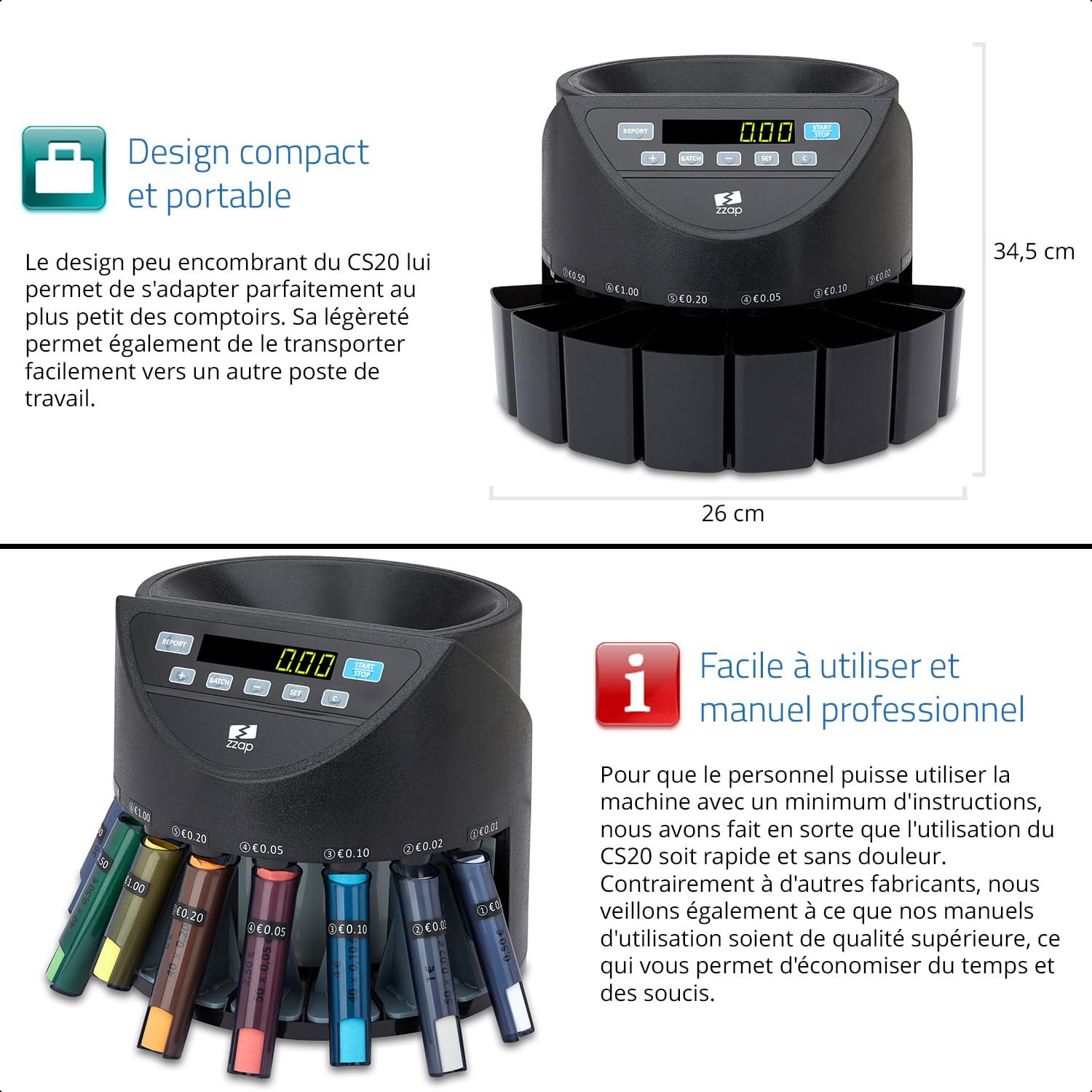 ZZap CS20 - Compteuse et Trieuse Automatique de Pièces EURO Machine de Comptage de Monnaie. Compteuse de Pièces avec Tubes de Tri