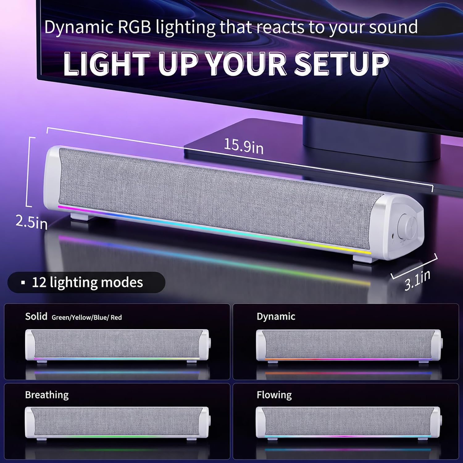 Computer Speakers for Desktop PC, 4-Driver Gaming Soundbar with 12 RGB Light Mode, USB/USB-C Powered PC Speakers with Mic&Headphone Jack for Monitor, Laptop, Plug and Play Sound bar, White