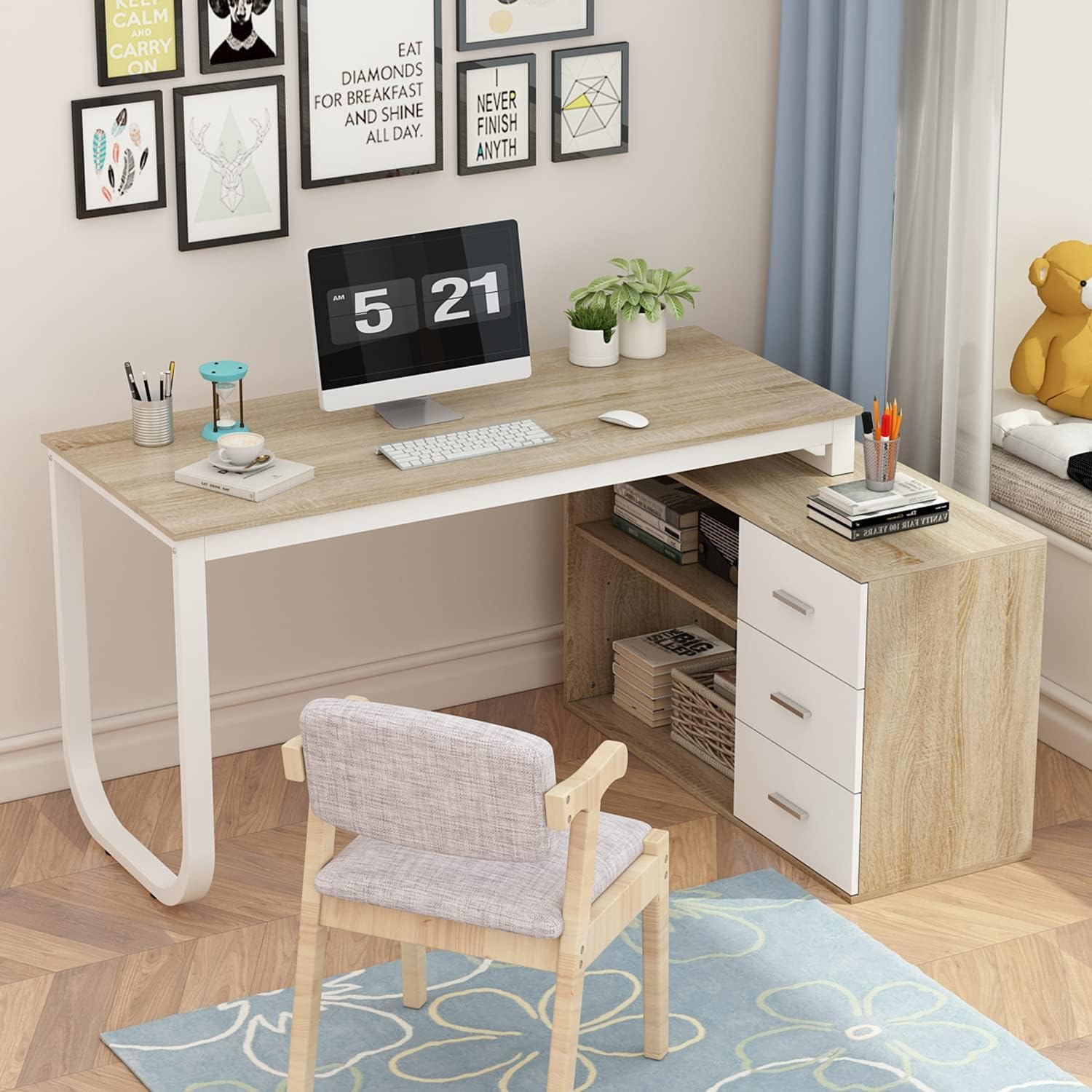 PREMTURE Modern L-Shaped Computer Desk, Reversible Corner Desk with Adjustable Cabinet, Large Writing Desk with Wooden Desktop & Metal Leg for Home Office, Oak Wood & White, 60 D × 138 W × 75 H cm