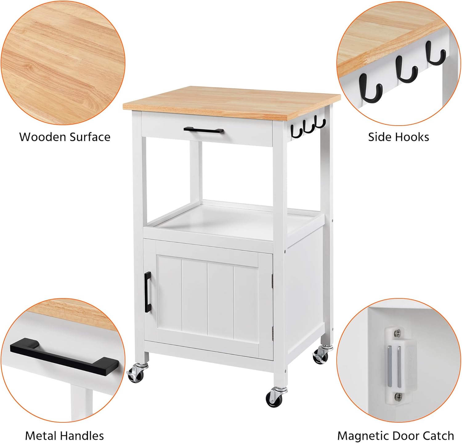 Topeakmart Rolling Kitchen Island Utility Cart on Wheels with Wood Top, Storage Drawer Shelf and Side Hooks, for Dining Rooms Kitchens Living Rooms, White