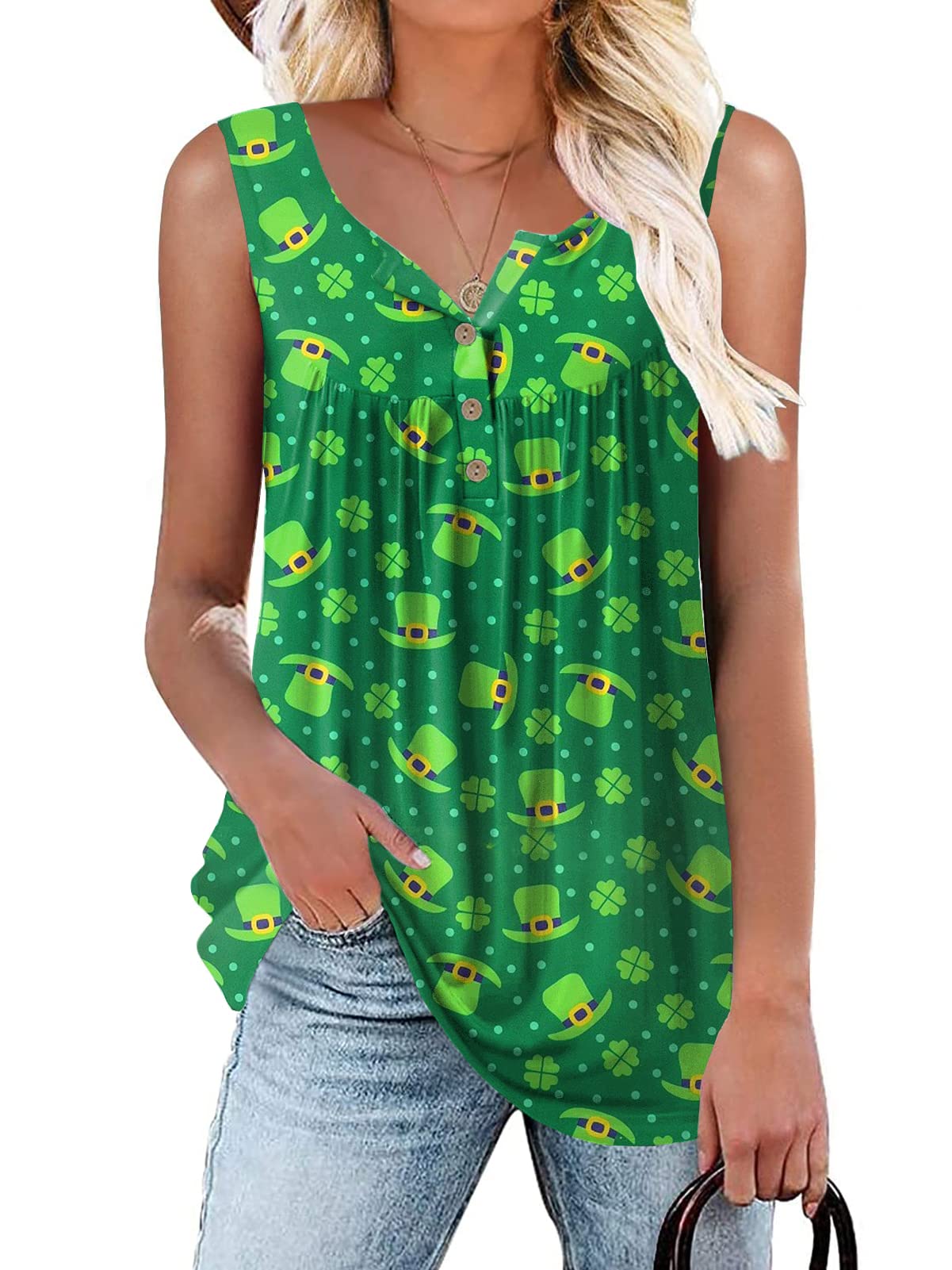 HAHIYOR Womens Tank Tops Summer Sleeveless Henley Shirts Flowy Pleated V-Neck Tunics Tee