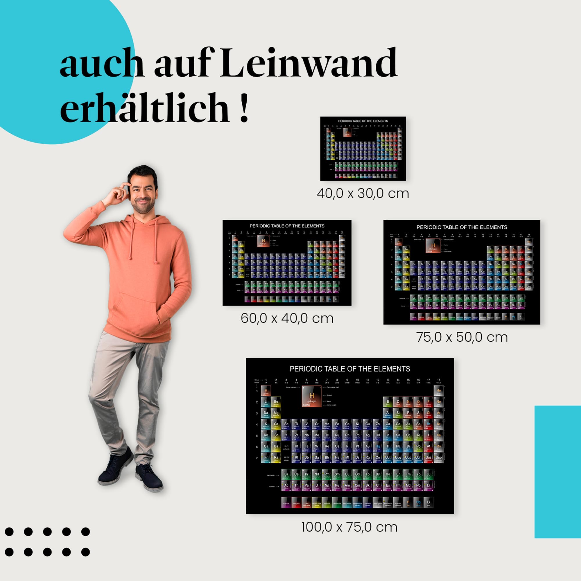 Postereck - 0549 - Periodensystem, Elemente Studium Schule Chemie - Unterricht Klassenzimmer Schule Wandposter Fotoposter Bilder Wandbild Wandbilder - Leinwand - 100,0 cm x 75,0 cm
