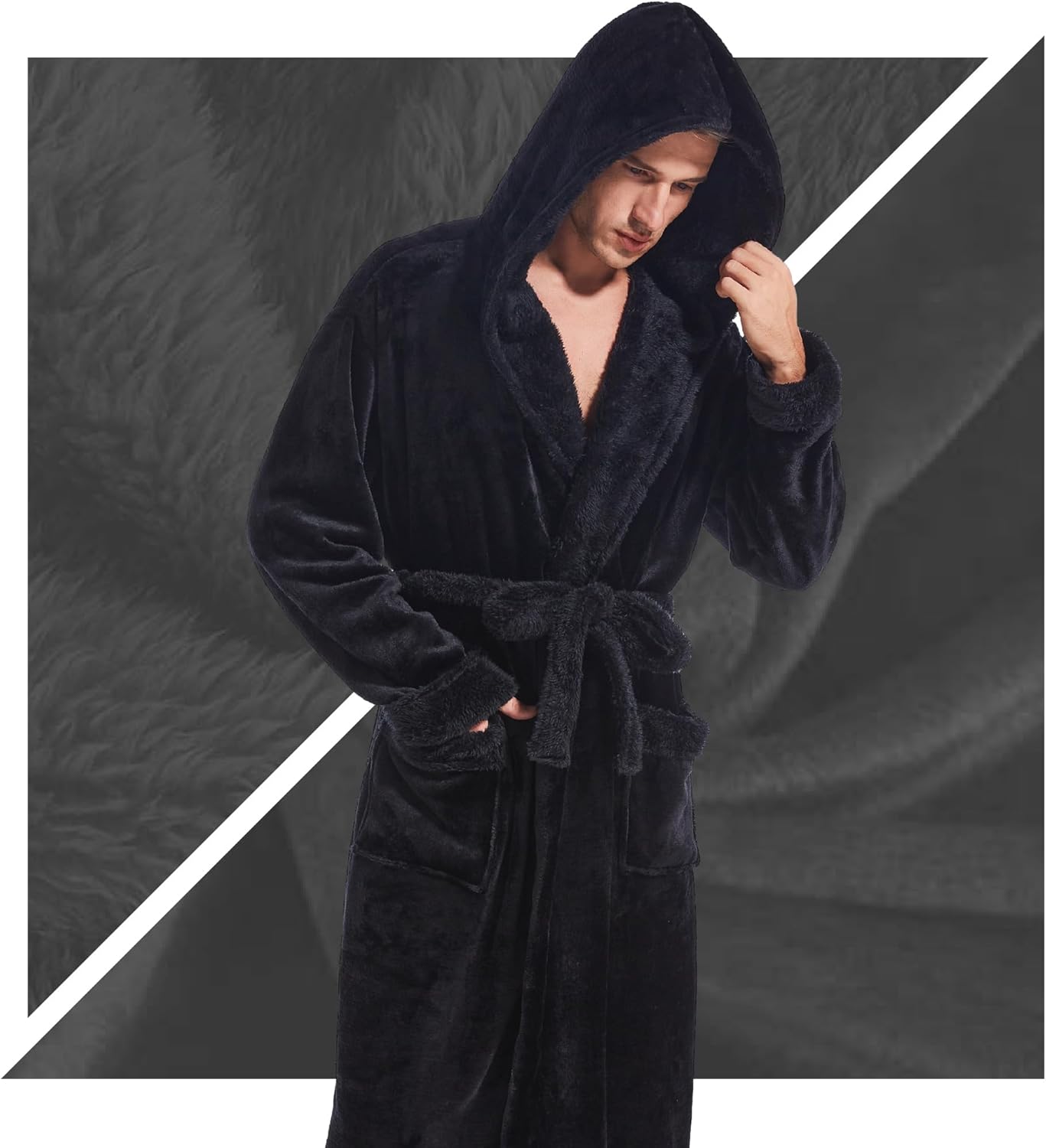 Inner Wish Mens Hooded Robe, Plush Long Bath robes Cozy Warm Bathrobe Fuzzy male Spa Robe With Pockets - Image 5