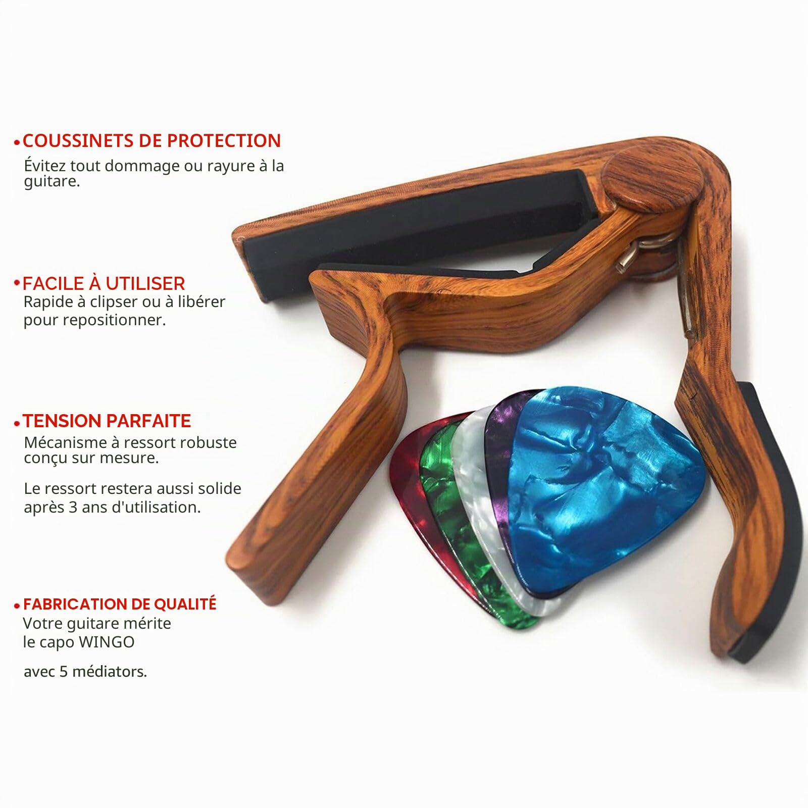 WiNGO Capodastre Guitare, Alliage Capo de Guitare Pour 6 Cordes Folk Guitare, Guitare Electrique et Acoustique Ukulélé, Mandoline et Banjo Avec 5 Médiators, Couleur Bois.