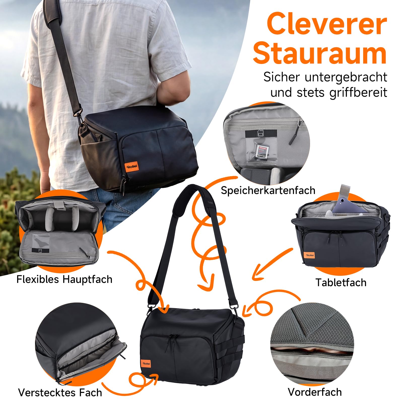 Kameratasche, Rollei Fotoliner Ocean Bag L Kamera Tasche Groß Fototasche | Wasserdichte Umhängetasche Camera Bag für DSLR SLR Zubehör Schwarz Kameratasche-Kamera-Tasche-Fototasche-Umhängetasche