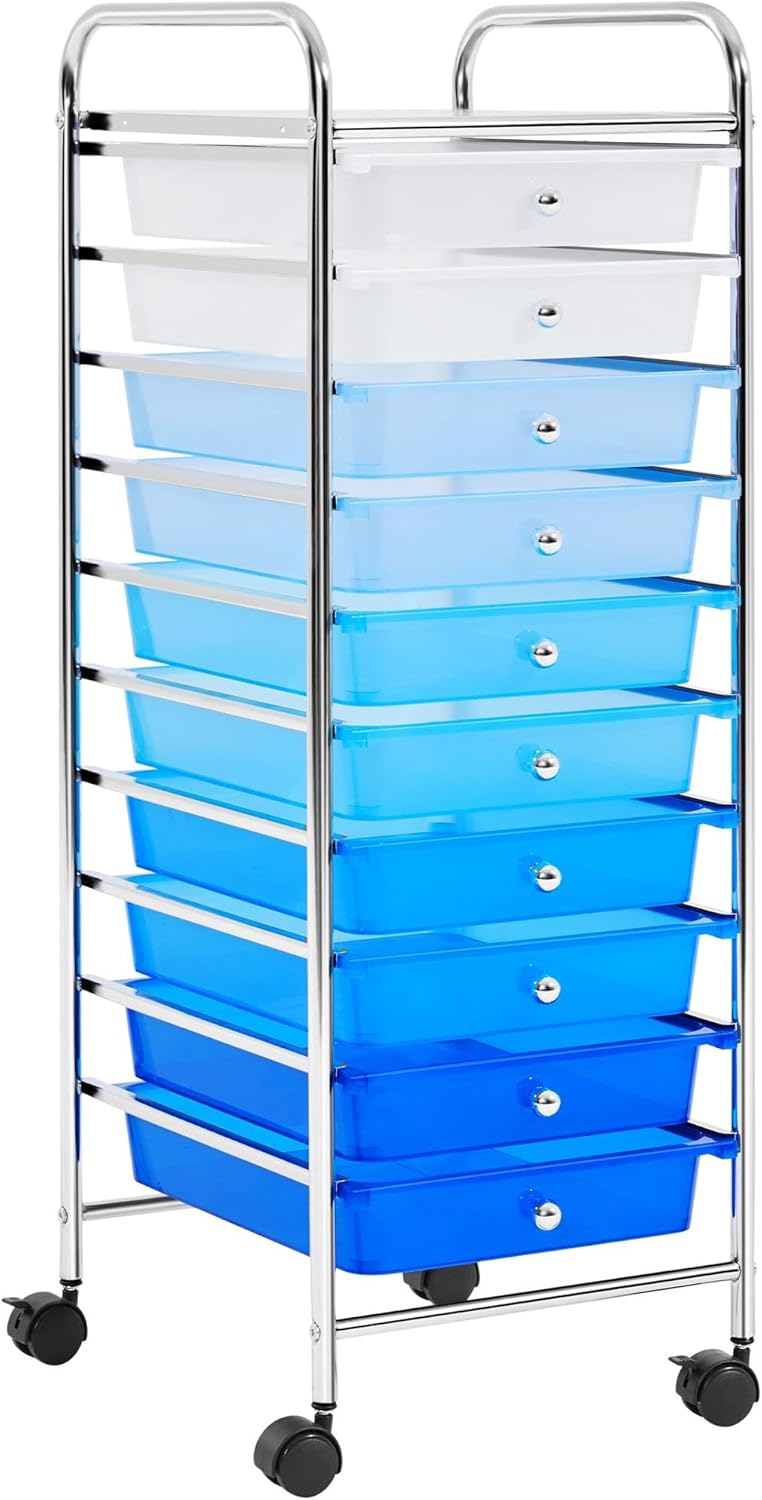 Yaheetech 10 Drawers Plastic Storage Cart, Multipurpose Mobile Organizer Drawer Unit with 4