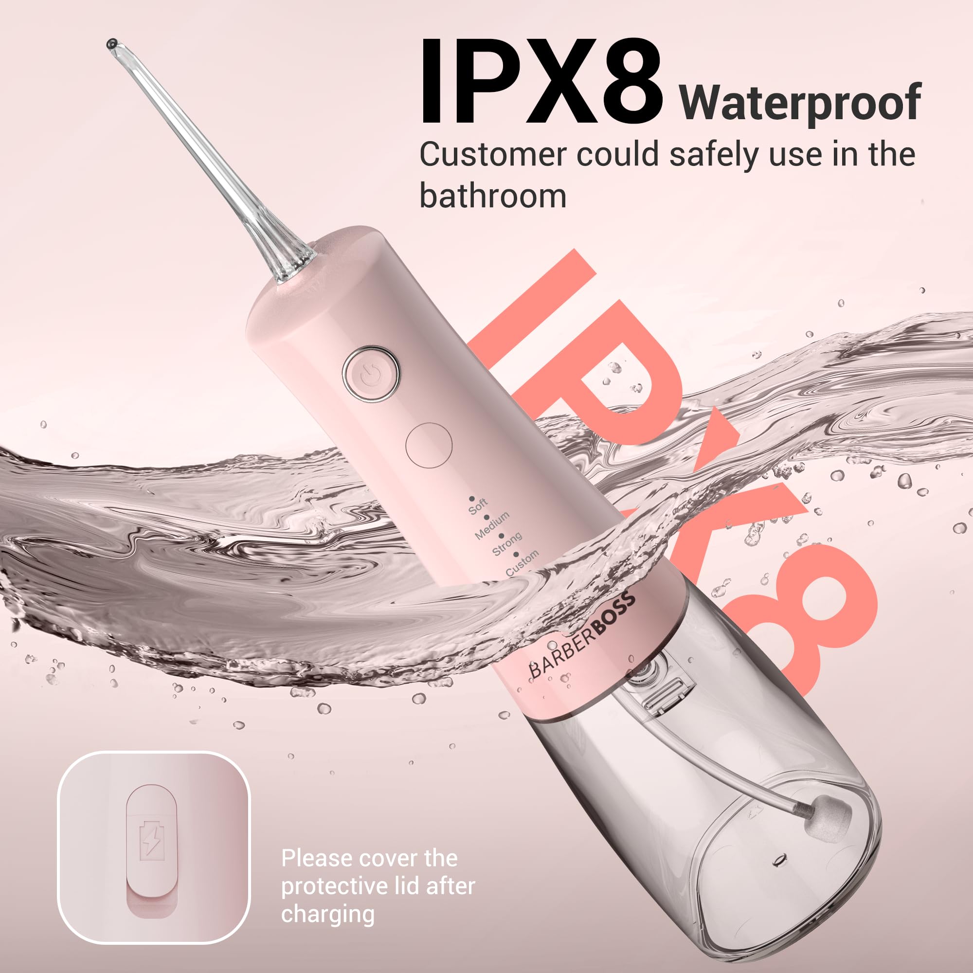 BarberBoss Irrigador Dental, hilo dental eléctrico, 5 niveles presión, 340 ml resistente agua IPX8, irrigador bucal portátil para el cuidado las encías, QR-7103 (Rosa Pastel)