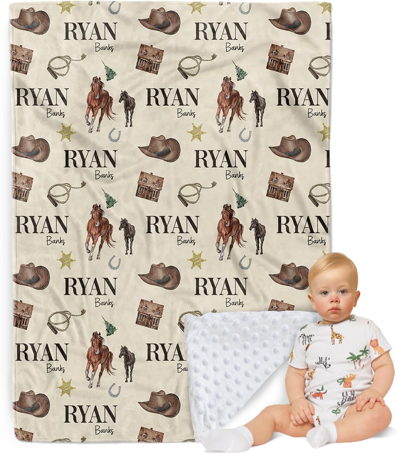 Personalized Baby Blanket - Animals Pattern with Multi-Fonts Names - Custom Soft Plush Double Layer Blankets with Dotted Backing for Boys Girls Gifts Color02-Cowboy Horse
