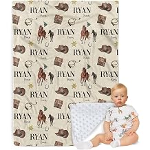 Personalized Baby Blanket - Animals Pattern with Multi-Fonts Names - Custom Soft Plush Double Layer Blankets with Dotted Backing for Boys Girls Gifts Color02-Cowboy Horse
