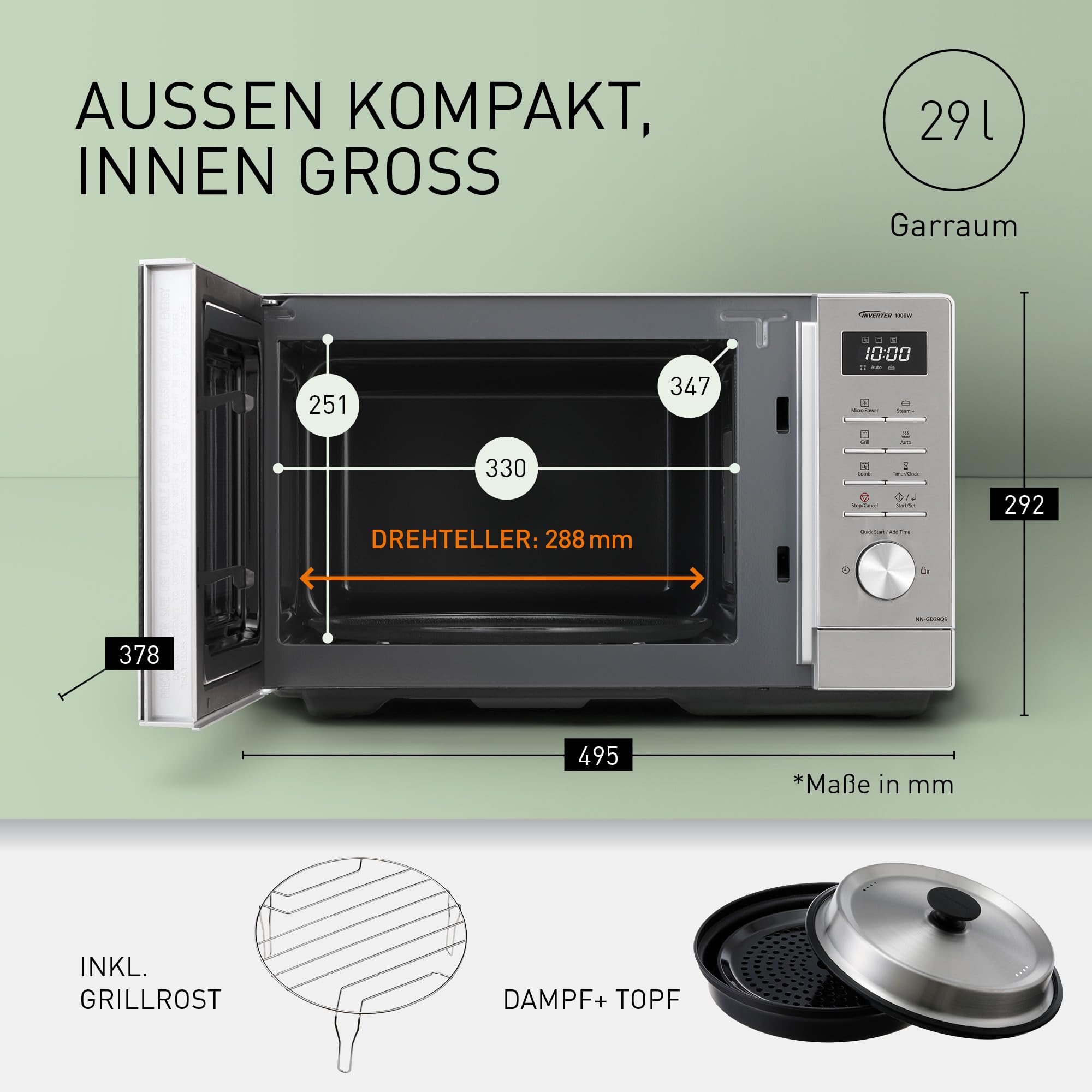 Panasonic NN-GD39QSEPG Grill-Mikrowelle 29 l 1000 W Steam+ Topf Silber Edelstahl