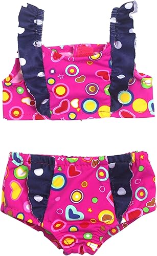 Sophia's Compatible con el conjunto de ropa de muñeca American Girl, traje de baño de dos piezas con corazones, volantes de lunares y lentes de sol