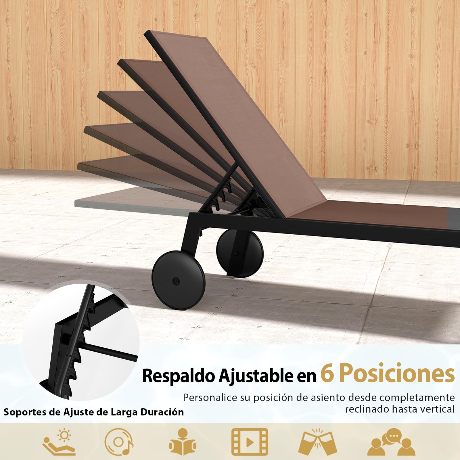 COSTWAY 1/2 Tumbonas Jardin Exterior con Ruedas, Tumbona Reclinable, Respaldo Ajustable en 6 Posiciones, Textilene, Espreguiçadeira Jardim Piscina Terraza Playa (café,2)