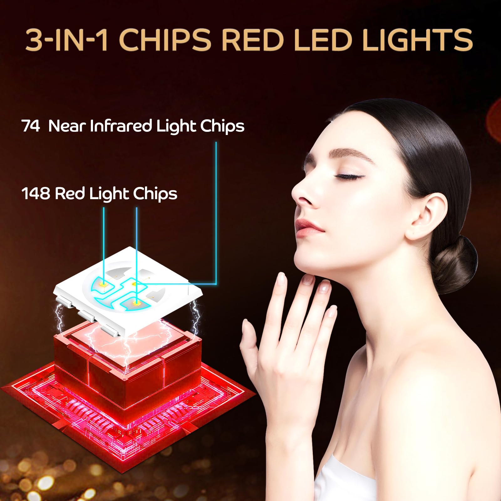 Hottoerak Maska z czerwonym światłem 660 nm i 850 nm, elastyczna silikonowa terapia światła LED, 74 diody LED, przenośna do użytku domowego