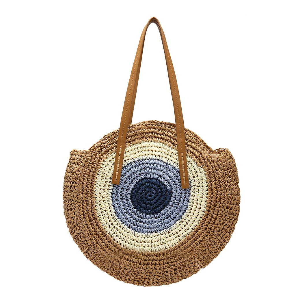 JBRLarge Round Straw Bag Woven Shoulder Bag Tote Crossbody Bags Women  Handwoven Handbags (Blue Eyes) - Main Image