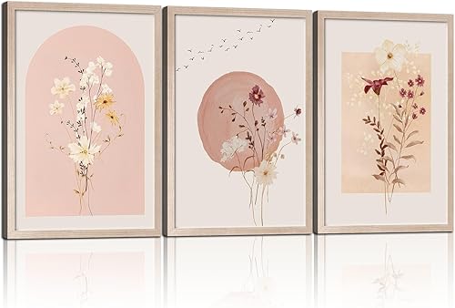 Juego de 3 cuadros enmarcados de acuarela floral para pared, cuadros de flores silvestres, lienzo botánico, decoración de pared, impresiones