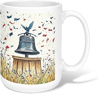 Bell Ceramic Coffee Mug, Patriotic Rustic Eagle Confetti Independence Day Blue Novelty Hot Chocolate Mug with Handle Ideal for Friends Family Coworkers Teachers Couples Employees 15 Oz