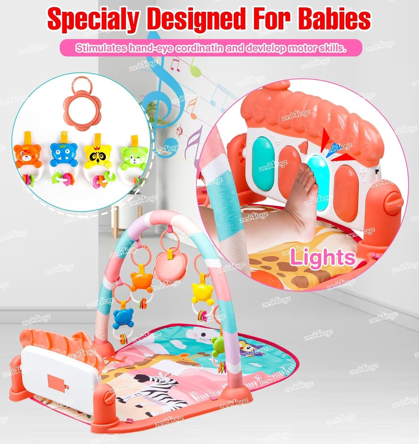 Zest 4 Toyz Musical Piano Baby Play Gym Mat Kids Activity Gym Mat with Music Lights Baby Crawling Mat for Newborn 0 to 3 6 9 12 Months (Pink) - Image 6 thumbnail