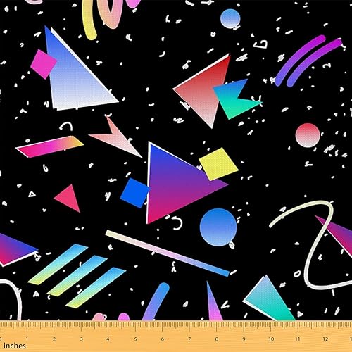 Tela con patrón estilo Memphis de los años 80, diseño geométrico retro, diseño de rayas triangulares abstractas, tapicería colorida y tela